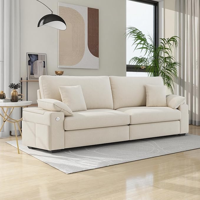88.58" 3 Seats Deep Seat Sofa Couch, Beige | Side Storage, Removable Cover, Wide Armrest, Fabric, For Small Space