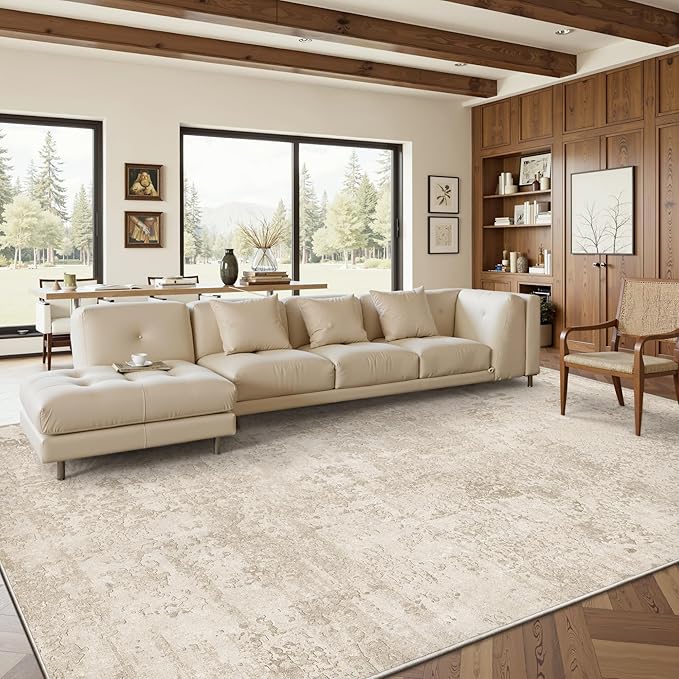 Art&Tuft Washable Rug, Ultra Thin Anti-Slip Backing Abstract 9x12 Area Rug, Low Pile Area Rugs 9x12 Living Room, Stain Resistant Foldable Machine Washable Area Rug (9'x12', Beige)