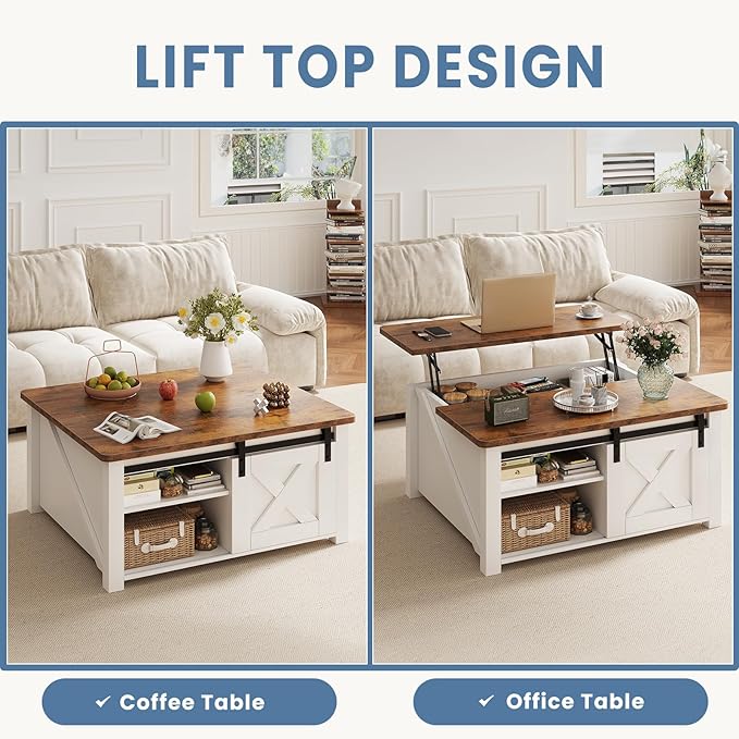 DUMOS Coffee Table, Lift Top Center Table with Storage, Square Living Room Tables with Adjustable Shelves, Wooden Center Coffee Table with Hidden Storage Compartment, White