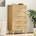 Rovaurx Modern 5 Drawer Dresser for Bedroom, 42.7" Tall Rattan Chest of Dressers with Charging Station, Dresser Chest with Wooden Handles, Beside Table for Closet, Living Room and Entryway, Natural