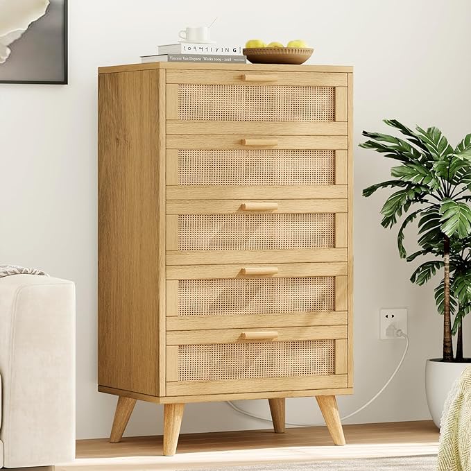 Rovaurx Modern 5 Drawer Dresser for Bedroom, 42.7" Tall Rattan Chest of Dressers with Charging Station, Dresser Chest with Wooden Handles, Beside Table for Closet, Living Room and Entryway, Natural