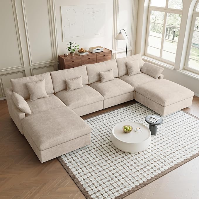 Khaki Modular Sectional Sofa Cloud Couch, 155.9" Oversized U Shaped Couch with Chaise Ottomans, Minimalist Deep Seat Sectional Couches for Living Room, Khaki Sofa Covers Washable&Removable