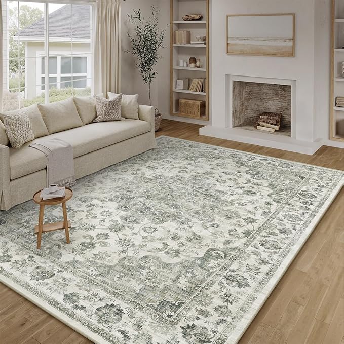 6x9 Washable Neutral Area Rug Green Vintage Living Room Bedroom Carpet Non-Slip Soft Low Pile Farmhouse Indoor Throw Rug for Dining Room Entryway Office