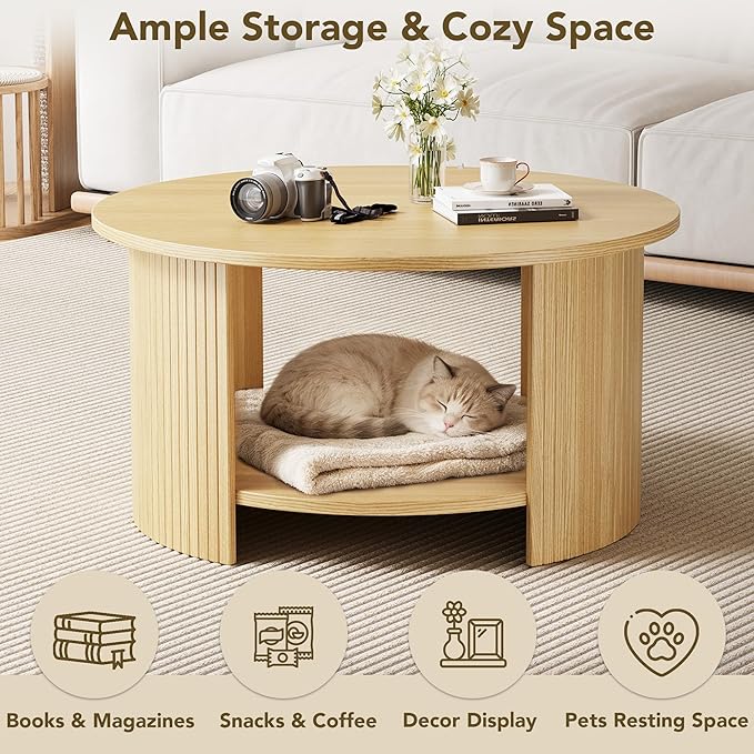 Round Coffee Table with Storage, 31.5" Modern Fluted Center Table, 2-Tier Mid Century Coffee Table, Wood Circle Table for Living Room, Home Office, Small Space, Oak