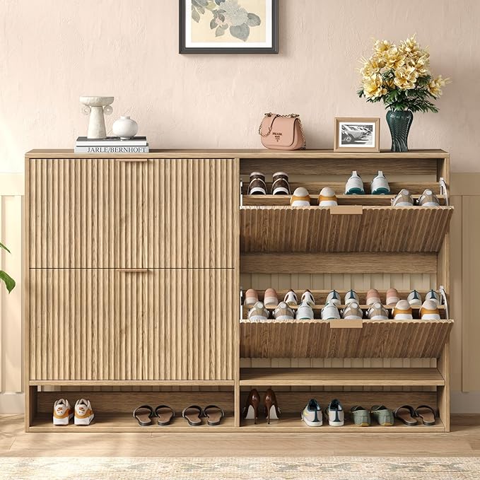 Hootata 47.2''W Oak Shoe Storage Cabinet for Entryway with 4 Flip Drawers, Narrow Wood Fluted Shoe Rack Cabinet,Freestanding Slim Shoe Organizer Cabinet for Foyer, Hallway