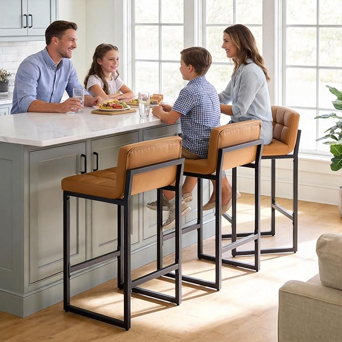 FIRAVOE Bar Stools Set of 3, Upholstered PU Leather Counter Height Barstools with Low Back and Thickened Metal Legs, Modern Island Chairs for Kitchen Island (Caramel Brown, 3Pcs 26" Counter Stools)