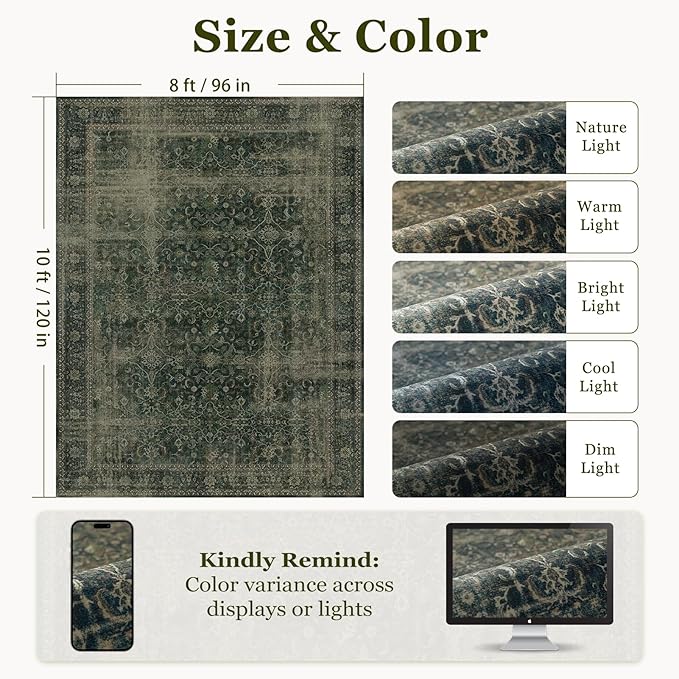 Dark Green 9x12 Large Area Rug for Living Room, Washable Low Pile Rug for Dining Room Under Table, Non Slip Thin Big Carpet Rugs for Bedroom, Moody Green with Brown Accents