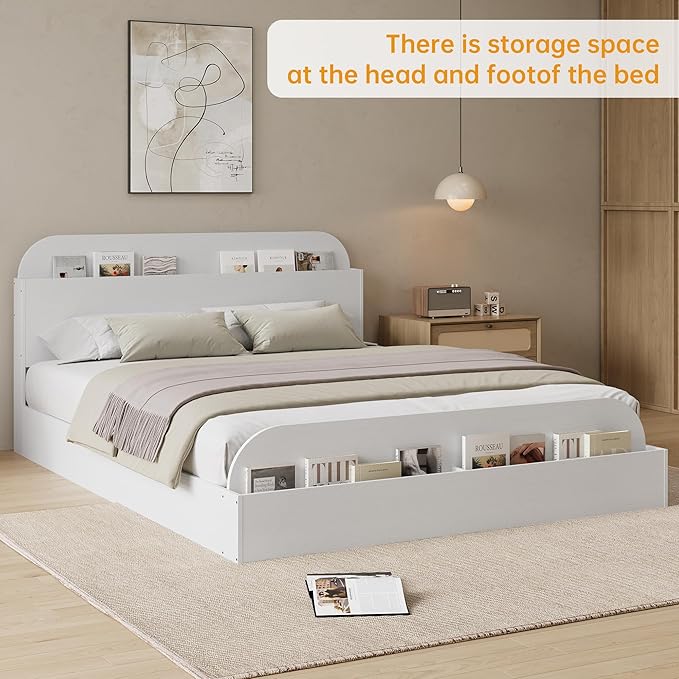 GarveeHome Queen Size Bed Frame, Wooden Beds with Storage Headboard and Raised-Foodboard, Queen-Floor Low Platform Bed for Bedroom, Sturdy Wooden Slats Support, No Box Spring Needed, White