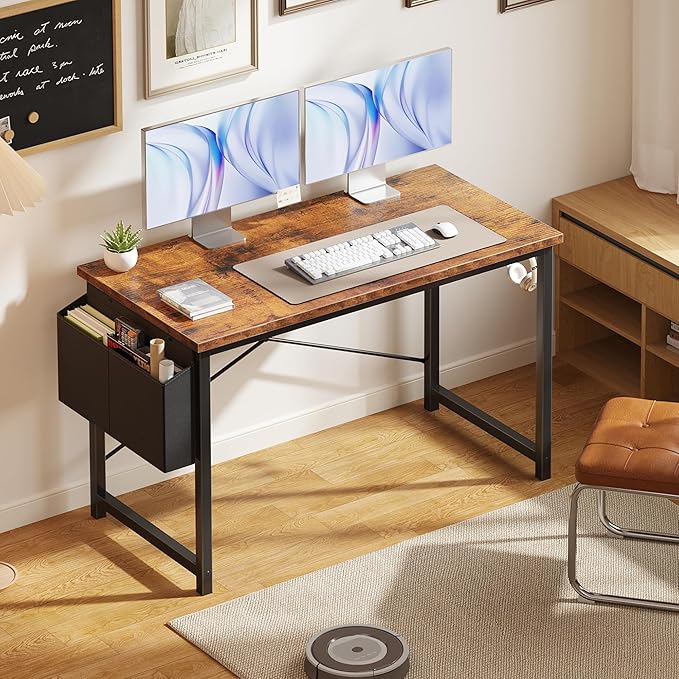 OLIXIS Computer Desk 47 Inch Home Office Desks for Small Spaces, Gaming Writing Study Work Table with Storage Bag and Headphone Hook for Bedroom, Rustic Brown