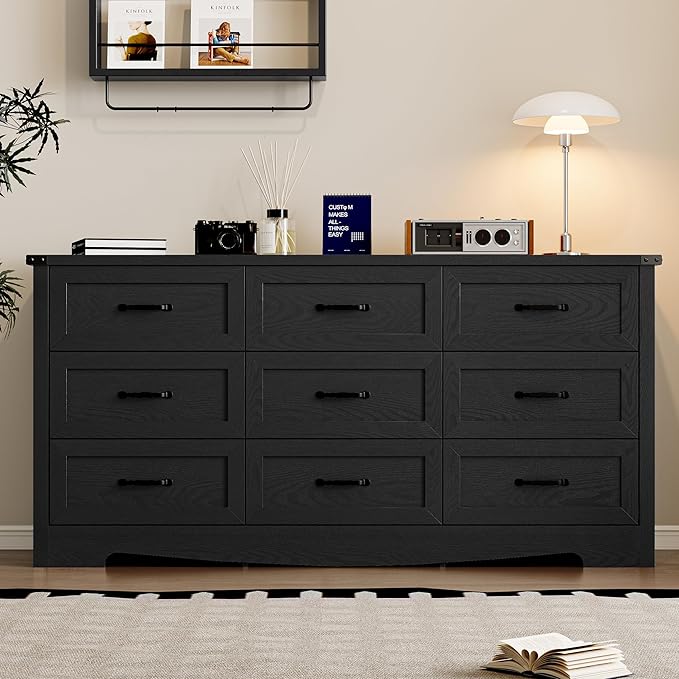 BORNOON 9-Drawer Dresser for Bedroom, Modern Wooden Chest of Drawers with Metal Handles, Anti-Tipping Design, Sturdy and Stable Storage Organizer for Living Room, Entryway, Home Office