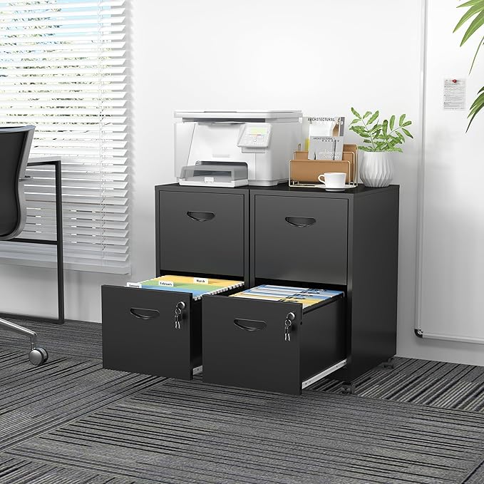 SteeLoong 2 Drawer File Cabinet with Lock，Black Rolling File Cabinet for Home Office, Metal Small Mobile Filing Cabinets on Wheels for Hanging Letter