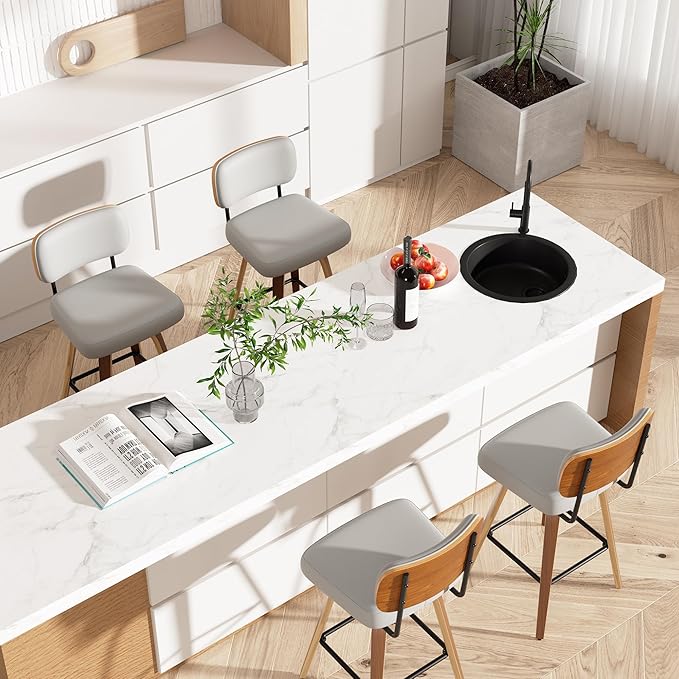 Swivel Bar Stools Set of 4, 26" Upholstered Faux Leather Counter Height Barstools with Walnut Back & Bentwood Legs, Mid Century Modern Bar Chairs Island Stools for Kitchen Counter, Light Grey