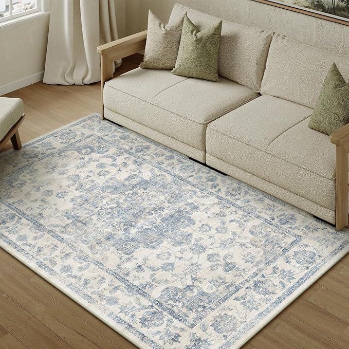 4x5 Washable Neutral Area Rug Blue Vintage Entryway Office Carpet Non-Slip Soft Low Pile Farmhouse Indoor Throw Rug for Living Room Bathroom Dining Room