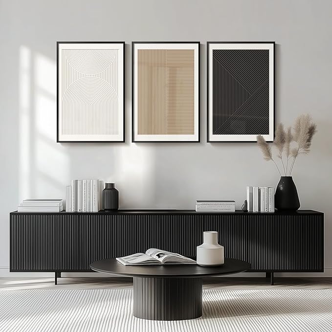 Framed Black and White Abstract Wall Art for Living Room, Modern 3 Piece Minimalist Boho Artworks, Neutral Geometric Painting Prints for Bedroom Dining Room Hallway Home Office Wall Decor, 16x24 In