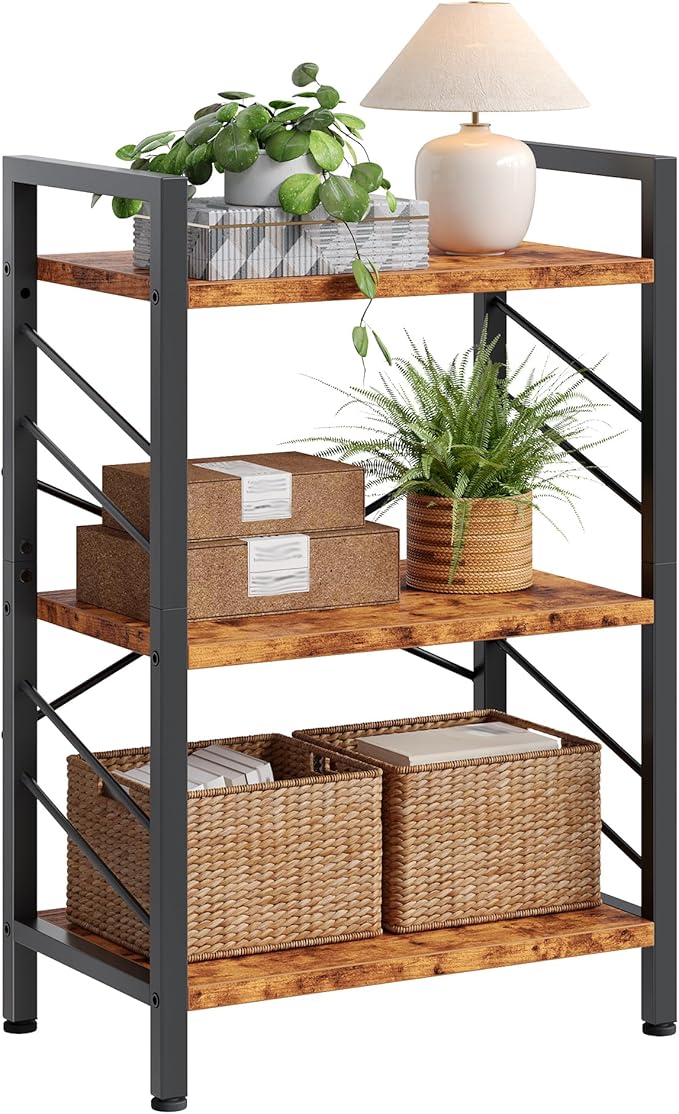 DurayLoly Book Shelf, 3 Tier Small Bookshelf, Industrial Bookcase with Metal Frame and Sidebars, Storage Shelves for Living Room, Bedroom, Home Office and Kitchen, Rustic Brown