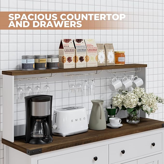 VVFLU Hutch Storage Cabinet Buffet with Drawers, and Charging Station, Coffee Bar Cabinet with Barn Doors, Wine Rack and Hooks, Countertop, Long Farmhouse, White, for Kitchen, Dining Room, 54.1" High