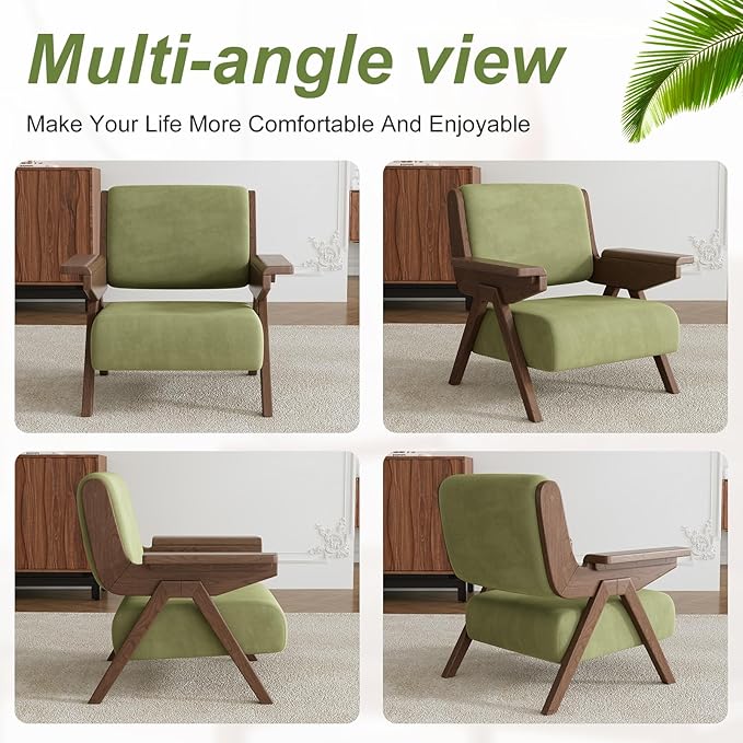 Accent Chair Mid Century Modern Chair, Velvet Upholstered Lounge Arm Chair with Solid Wood, Cozy Reading Chair for Living Room, Bedroom, Balcony (Green, Single Chair)