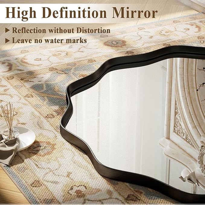 VooBang Black Scalloped Circle Mirror, 36" Wavy Edge Round Wall Mirror with Tempered Glass Textured Circular Metal Deep Frame, Hanging Leaning for Bathroom, Hallway, Entryway, Livng Room