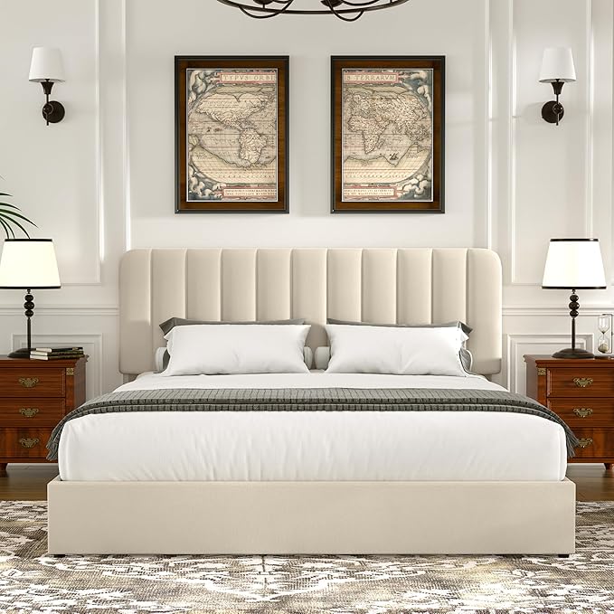 VECELO Queen Size Upholstered Bed Frame with 4 Drawers and Headboard, Velvet Platform Storage Bedframe, Wooden Slats Support, No Box Spring Needed, Beige