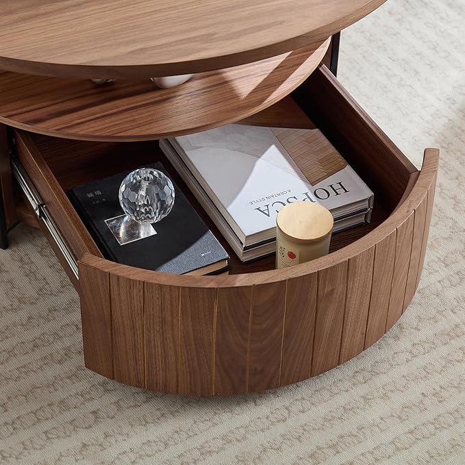 33.07" Round Coffee Table with Storage, 2 Tier Modern Wood Center Table with Drawer, 2 Tiers and 1 Drawer, Accent Table for Living Room, Apartment, Small Space.(Walnut)