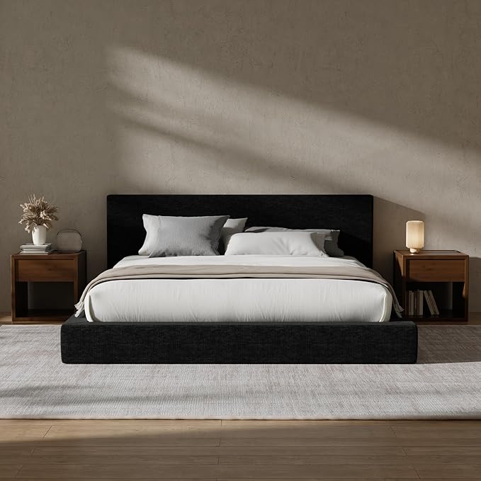 RECCI AirFrame Queen Bed Frame with Headboard, Cloud Upholstered Platform Bed Frame, 5 Inch Foam Cushioned, No Box Spring, Easy Assembly(Onyx Black)