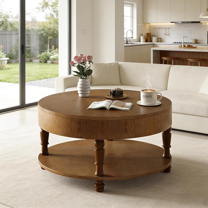 31.5" Round Coffee Table with Storage, 2 Tier Modern Center Table, Adjustable Leveling Feet, Easy Assembly, Wood Coffee Table for Living Room, Apartment, Small Space. (Walnut)