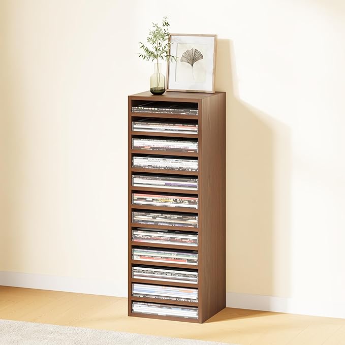 IOTXY DIY Modular Cube Bookcase - CubeXY Customizable Stackable Expandable Basic Shelving Units, 12-Cube Wooden Open Bookshelf with Removable Shelves for 10-inch Vinyl Record Storage Organizer, Walnut