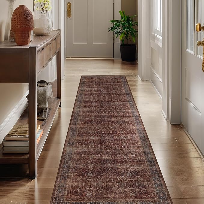Brick Red 2x6 Rug Runners for Hallways Non Slip, Washable Non Slip Thin Carpet Runners for Kitchen Floor, Vintage Distressed Earth Tone Runner Rug for Entryway/Foyer/Bedroom/Laundry Room