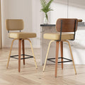 Swivel Bar Stools Set of 2, 26" Upholstered Faux Leather Counter Height Barstools with Walnut Back & Bentwood Legs, Mid Century Modern Bar Chairs Island Stools for Kitchen Counter, Khaki