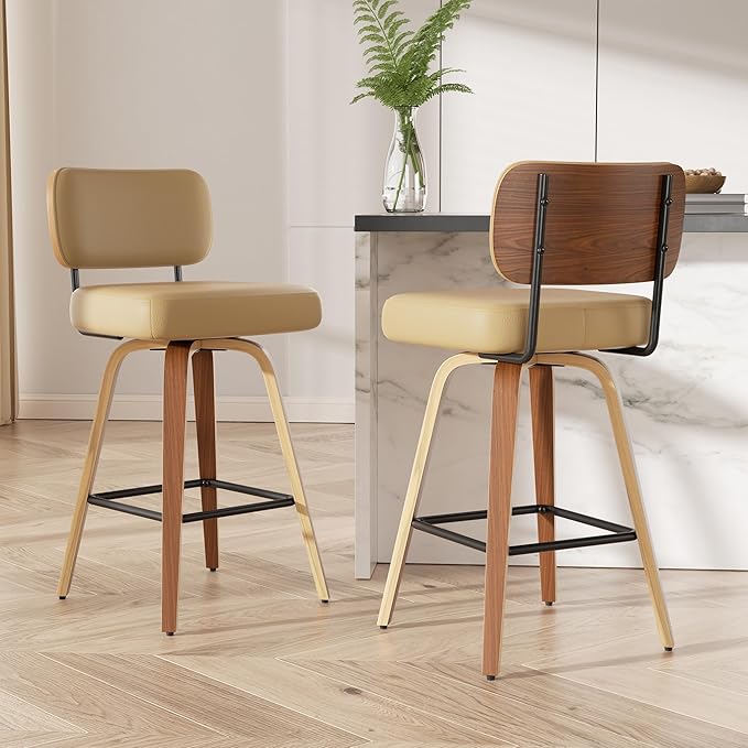 Swivel Bar Stools Set of 2, 26" Upholstered Faux Leather Counter Height Barstools with Walnut Back & Bentwood Legs, Mid Century Modern Bar Chairs Island Stools for Kitchen Counter, Khaki