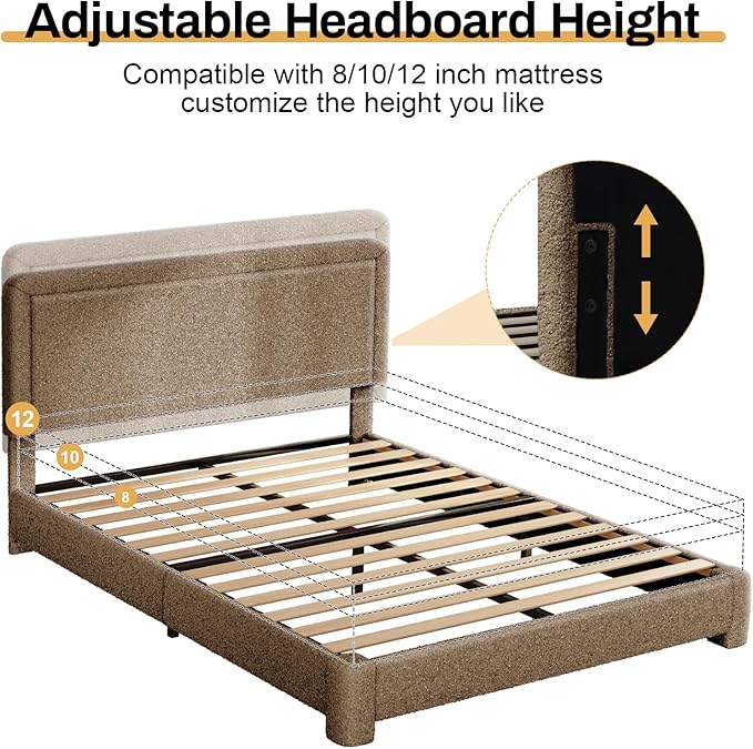 WEUP Queen Size Boucle Bed Frame, Upholstered Cloud Bed Frame with Adjustable Headboard, Soft Rounded Corners, No Box Spring Required, Easy Assembly, Coffee