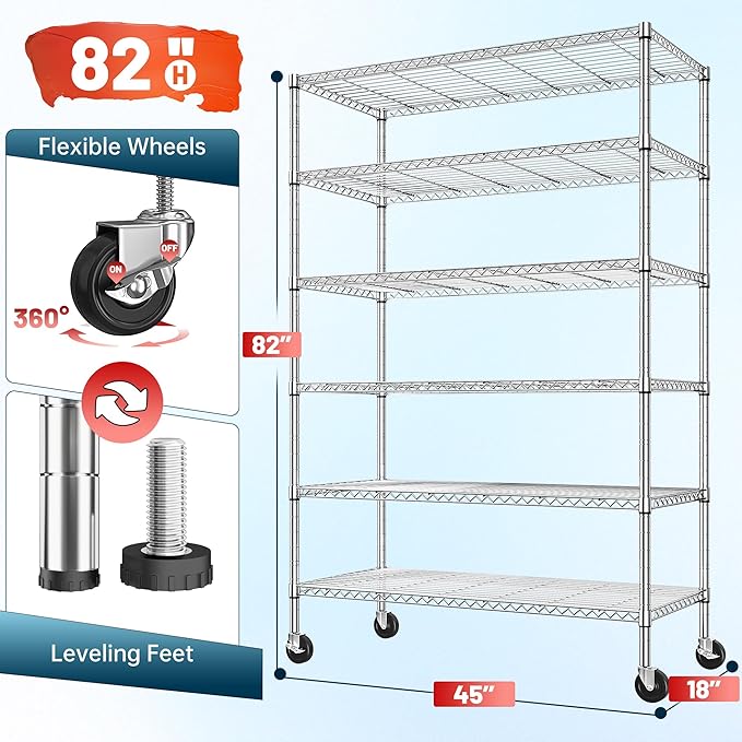 Romorgniz 82" H X45 W X18 D Storage Shelves with Wheels, 6 Tier Wire Shelving Adjustable Metal Shelving Pantry Shelves Capacity 1200LBS for Garage Shelving, Pantry, Kitchen, Closet,Chrome