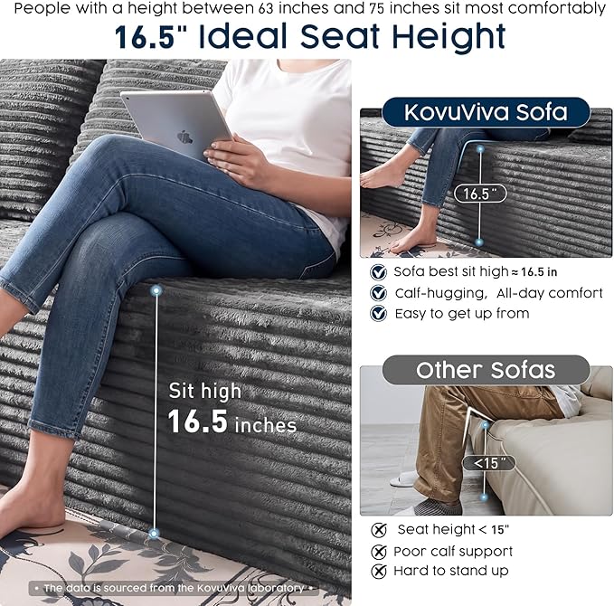 Grey Modular Sectional Couch with 108" L-Shape Chaise, Deep Seat Corduroy Sofa Plush Fabric Cloud-Like Couches for Living Room, No Assembly Modern Minimalist Furniture (Right Facing Chaise)
