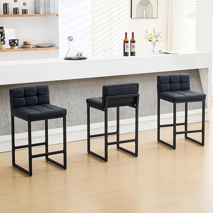 FIRAVOE Bar Stools Set of 3, Upholstered Faux Leather Counter Height Barstools with Low Back and Thickened Metal Legs, Modern Bar Chairs for Kitchen Island, Bar (Black, 3Pcs 26" Counter Stools)