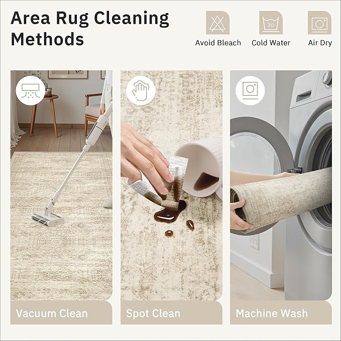 Soalmost Runner Rug 2'6" x 12' Washable Non-Slip Runner Rugs for Kitchen Bathroom Laundry Room Vintage Ultra Thin Runners for Hallway Entryway Beige