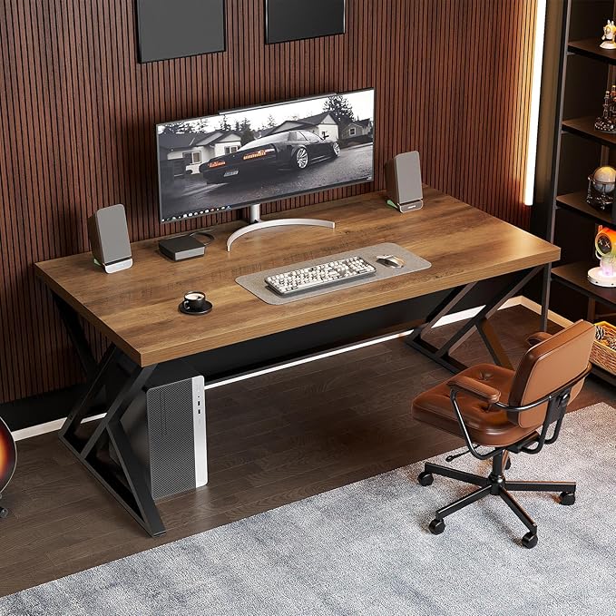 LVB Wood Computer Desk, Rustic Home Office Executive Desk for Bedroom, Industrial Wooden Computer Writing Study Work Gaming Table, Modern Metal PC Student Simple Desk with Storage, 55 Inch, Rustic Oak