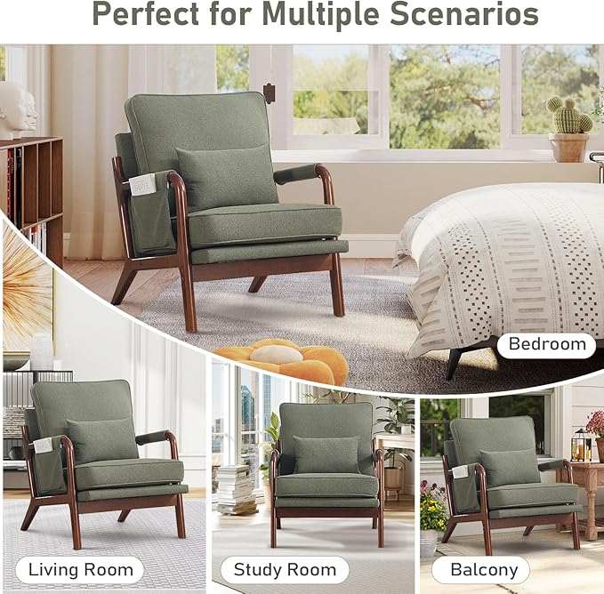ANJ Mid Century Modern Accent Chair Set of 2, Lounge Reading Armchair with Extra Side Pocket & Detachable Cushion, Comfy Fabric Accent Chairs for Living Room, Bedroom, Green