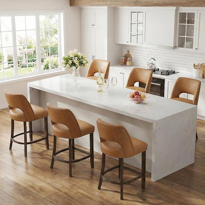 VKNOW 26" Bar Stools Set of 4, Faux Leather Counter Height Bar Stools with Backrest and Rubberwood Legs, Upholstered Barstools for Kitchen Island, Bar and Dining Room, Brown