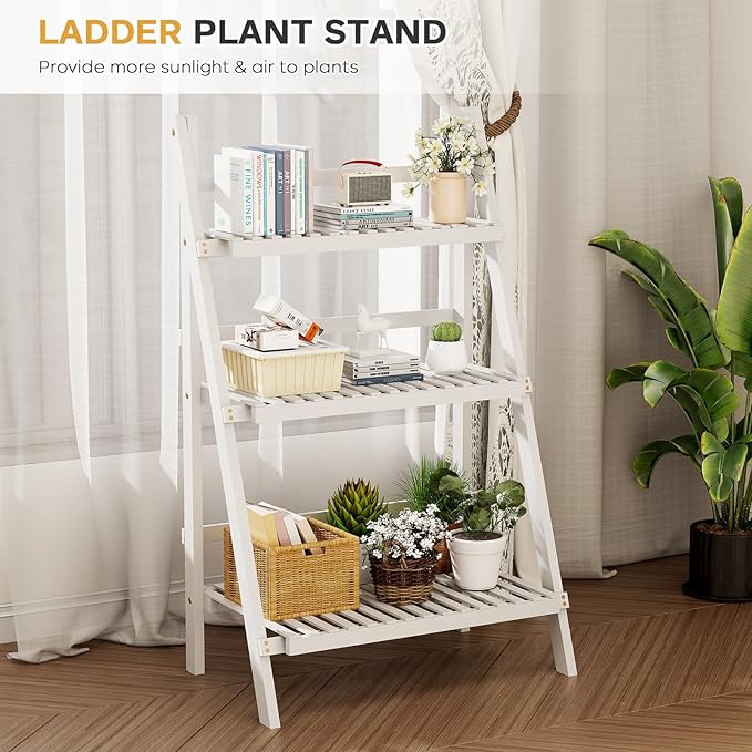 oakvivo Bamboo Bookshelf 3-Tier Ladder Shelf, 39.4” Freestanding Open Bookcase Book Shelf Bathroom Storage Shelf Unit Plant Stand for Small Space, Living Room, Bedroom, Home Office, White