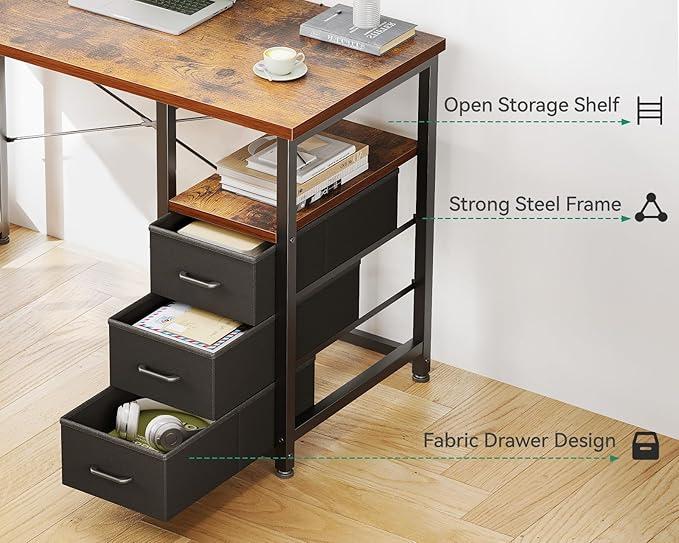 AODK 32 Inch Small Computer Desk with Fabric Drawers, Kids Study Desk for Bedroom, Home Office Desk with Storage Shelf & Bag for Small Space, Vintage