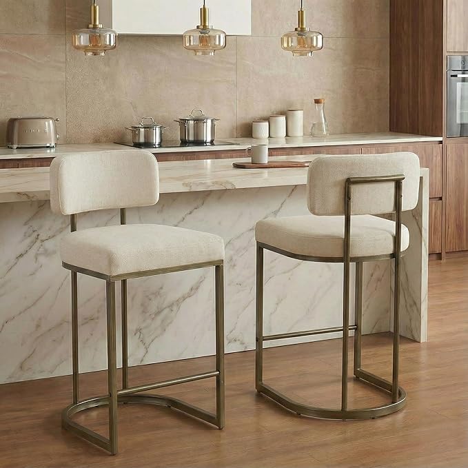 26" H Counter Height Bar Stools Set of 4, Modern Linen Fabric Upholstered Barstools with Backrest for Kitchen Island, Gold Metal Frames, Linen