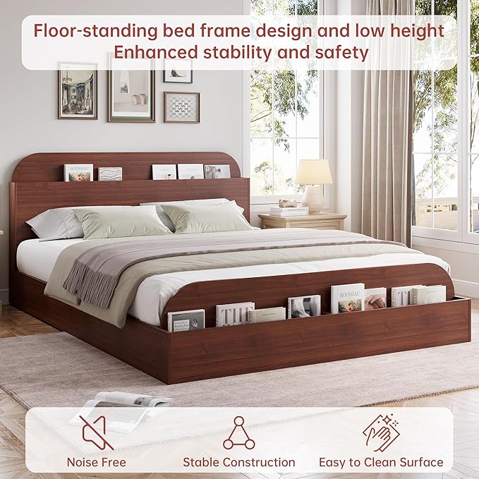 GarveeHome Queen Size Bed Frame, Wooden Beds with Storage Headboard and Raised-Foodboard, Queen-Floor Low Platform Bed for Bedroom, Sturdy Wooden Slats Support, No Box Spring Needed, Espresso