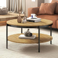 Manora Round Coffee Table with Storage Shelf, Rustic Wood Center Table with Black Metal Frame, Modern Circle Living Room Table for Small Spaces (Oak)