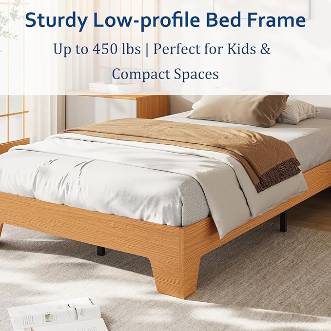 GarveeHome Twin Size Platform Bed Frame, Minimalist Wood Bed Frame No Headboard Needed, Sturdy Low Profile Bed with Natural Wood Grain, Noise-Free & Easy Assembly