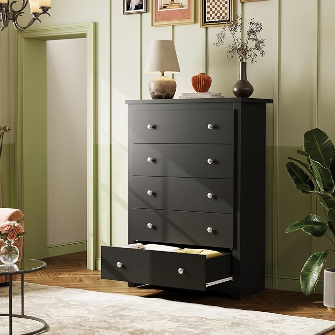 WLIVE Wooden Dresser with 5 Drawers, 45" Tall Black Dresser for Bedroom, Chest of Drawers, Storage Cabinet and Organizer Drawers for Living Room, Hallway, Closet