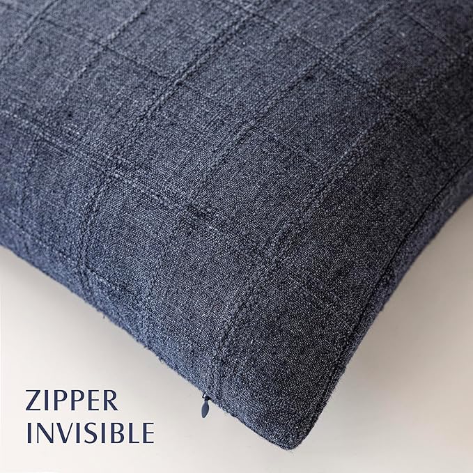 Foindtower Set of 2 Decorative Linen Check Throw Pillow Covers Neutral Farmhouse Vintage Cushion Covers Modern Boho Home Decor for Sofa Chair Couch Bedroom Living Room,26×26 Inch,Navy Blue