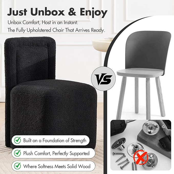 Hyfirm Black Upholstered Dining Chairs Set of 6, Mid-Century Scandinavian Parsons Armless Chairs in Boucle Fabric with Plush Seat Cushion for Diningroom Bedroom Livingroom Reading Room
