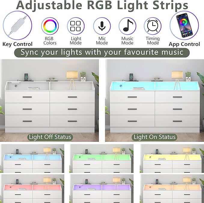 Gyfimoie 6 Drawer Dresser with Power Outlet, Chest of Drawers with LED Light, Modern Dresser with Open Storage Cubby, Double Wide Dressers Organizer for Bedroom, Living Room, Entryway, Hallway