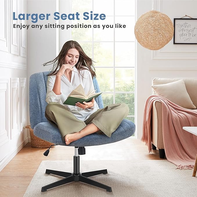 DUMOS Criss Cross Legged Chair Wide Comfy Home Office Desk Chairs, No Wheels Armless Computer Task Swivel Vanity Chair Height Adjustable for Makeup Bedroom, Fabric-Dark Blue