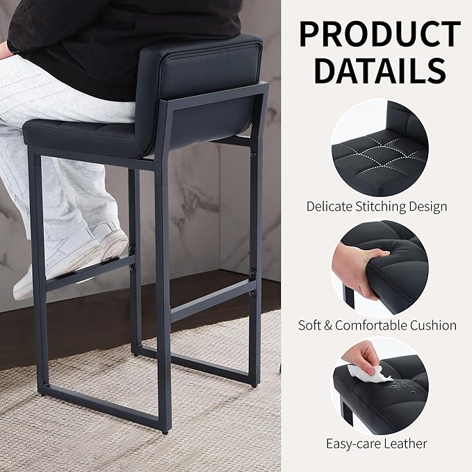 FIRAVOE Bar Stools Set of 4, PU Leather Counter Height Barstools with Low Back and Thickened Metal Legs, 26 Inch Modern Island Chairs for Kitchen Island, Bar, Counter (Black, 4Pcs 26" Counter Stools)